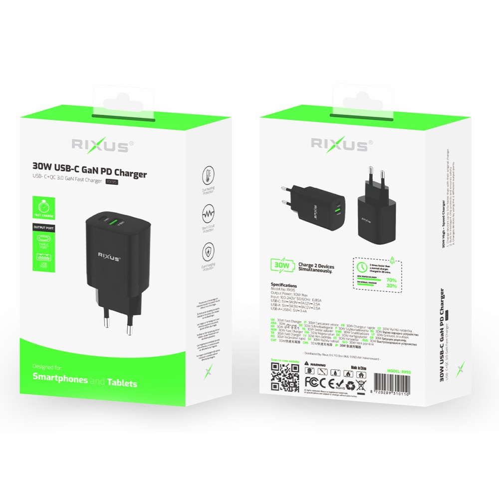 Rixus Fast Charging Adapter 30W RX95 - Black