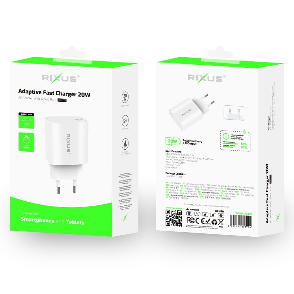 Rixus RX209 Adaptive Fast Charger USB-C 20W White