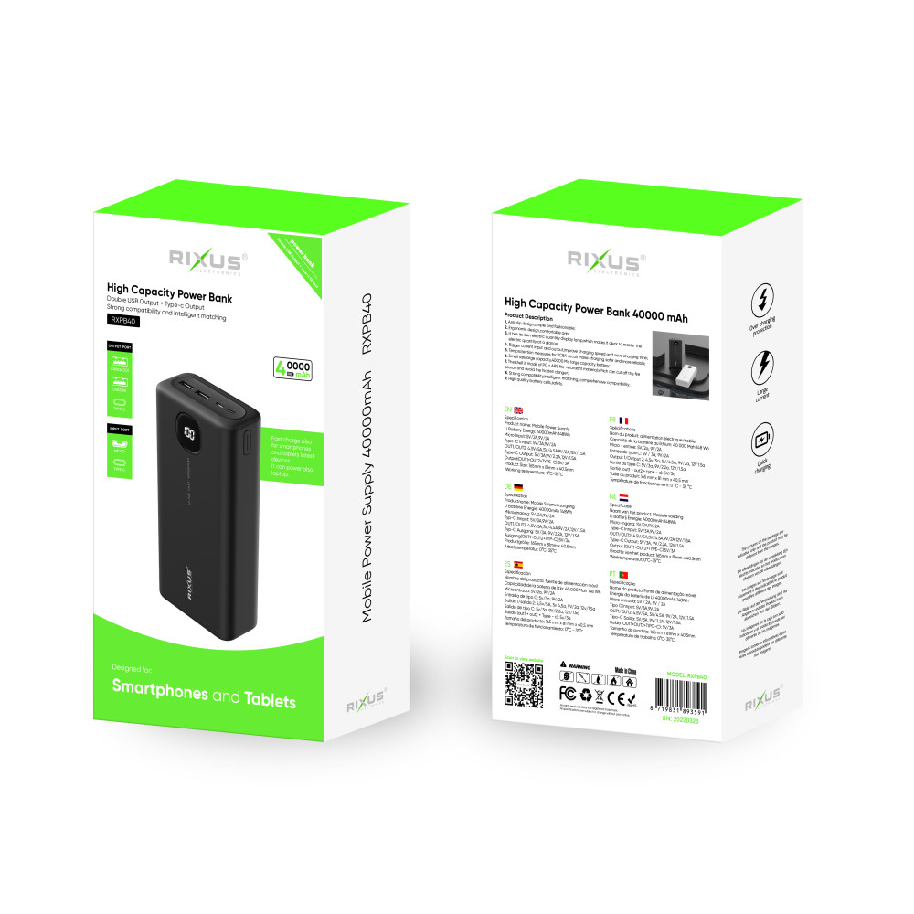 Rixus RXPB40 High Capacity Powerbank 40.000mAh Black