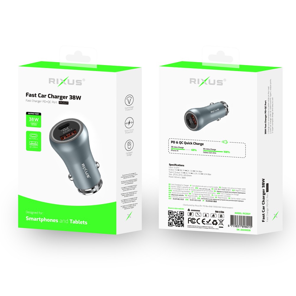 Rixus RX2027 USB-C Fast Car Charger 38W