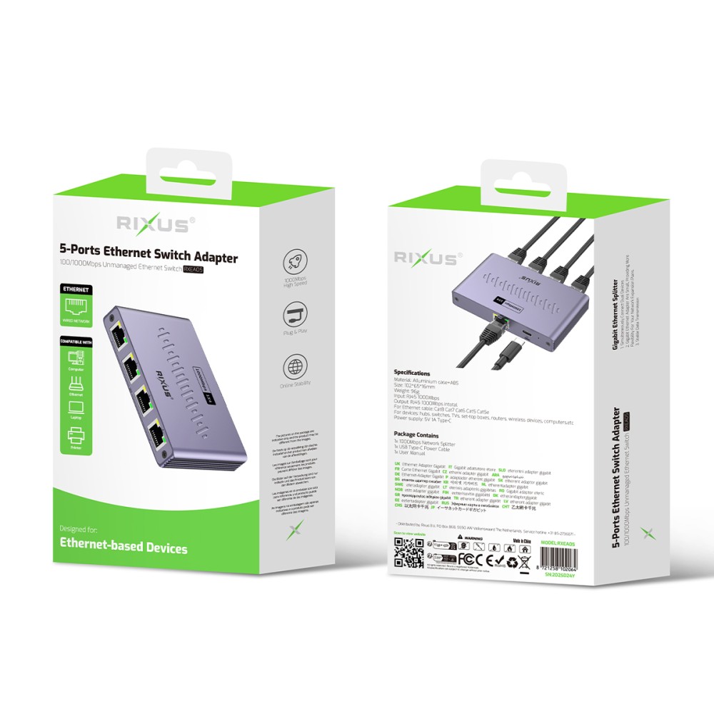 Rixus RXEA05 5-Ports Ethernet Switch Adapter Gray