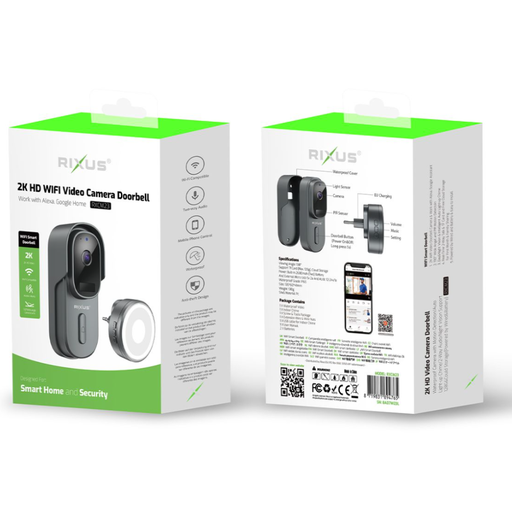 Rixus RXCM23 Wireless Battery Powered Doorbell With Camera Gray