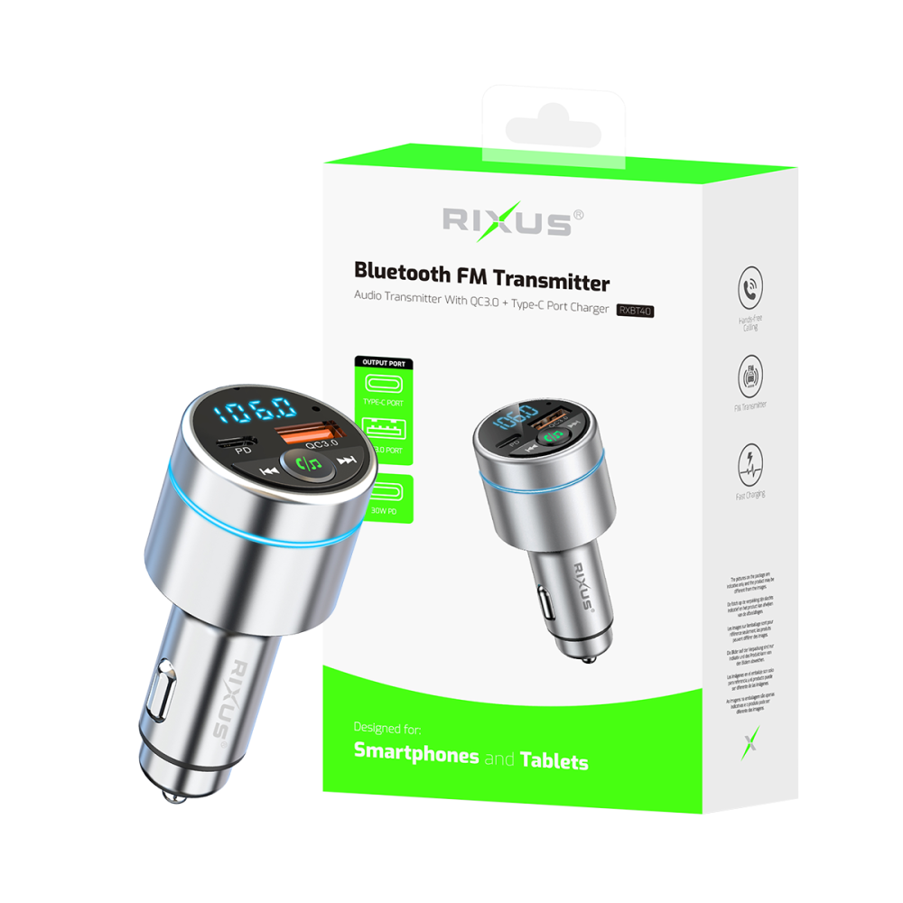 Rixus All-Metal Car FM Transmitter Bluetooth 5.3 RXBT40 - Silver