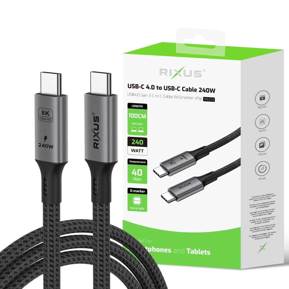 Rixus RXUC01 USB-C 4.0 To USB-C Cable 100CM 240W Grey