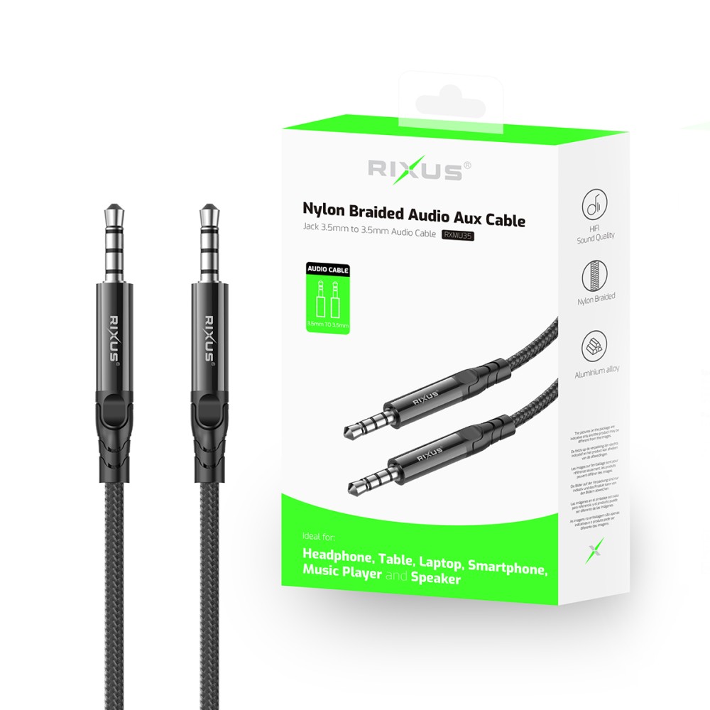 Rixus RXMU35 3.5mm AUX To 3.5mm AUX Braided Audio Cable 120CM Black