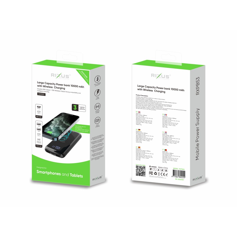 Rixus RXPB53A Large Capacity Powerbank With Wireless Charging 10000mAh 15W