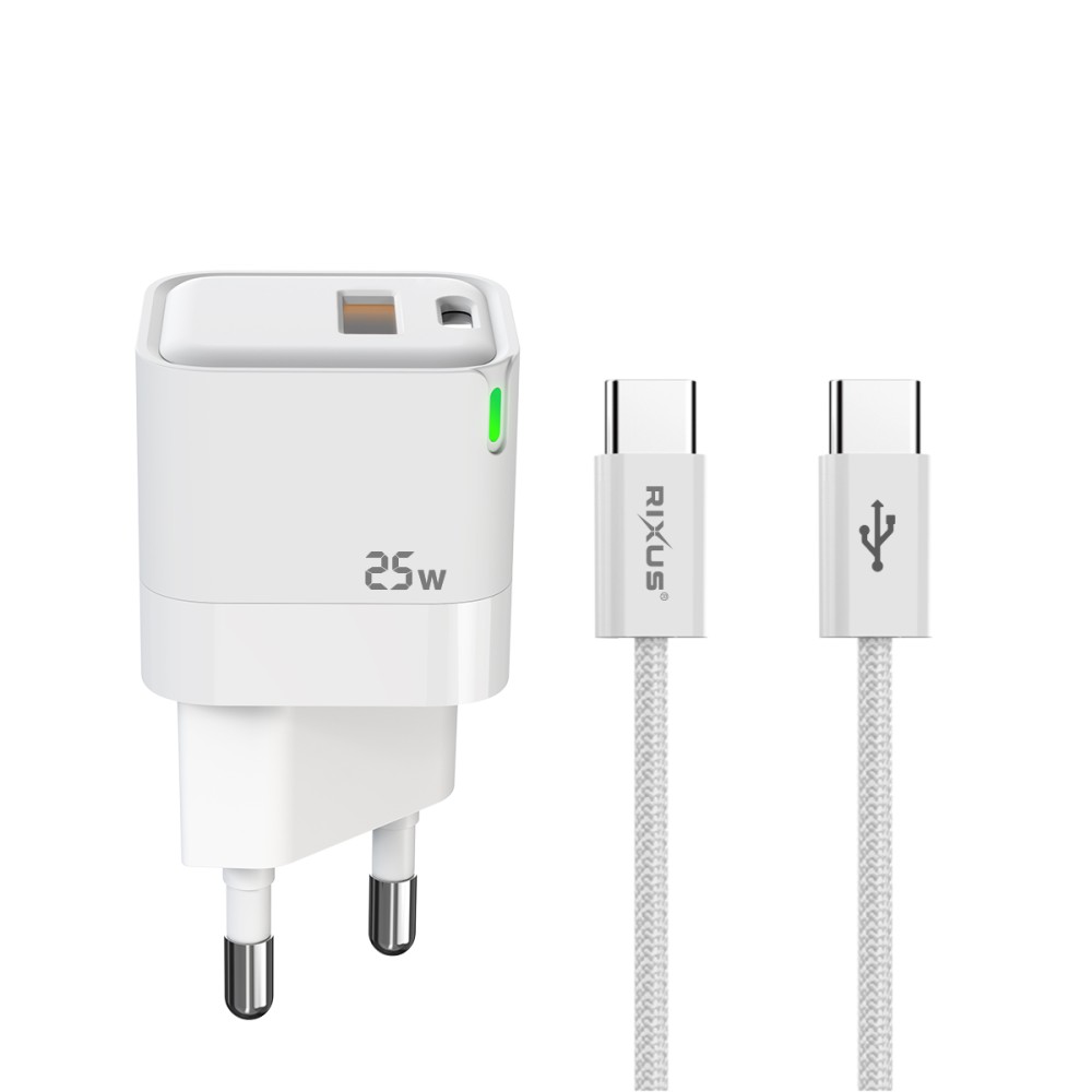 Rixus RXHC11 Wall Charger Kit With USB-C to USB-C Cable 100CM 25W