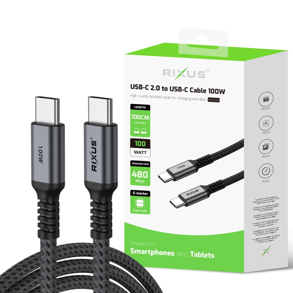 Rixus RXUC04 USB-C 2.0 To USB-C Cable 100CM 100W Space Gray