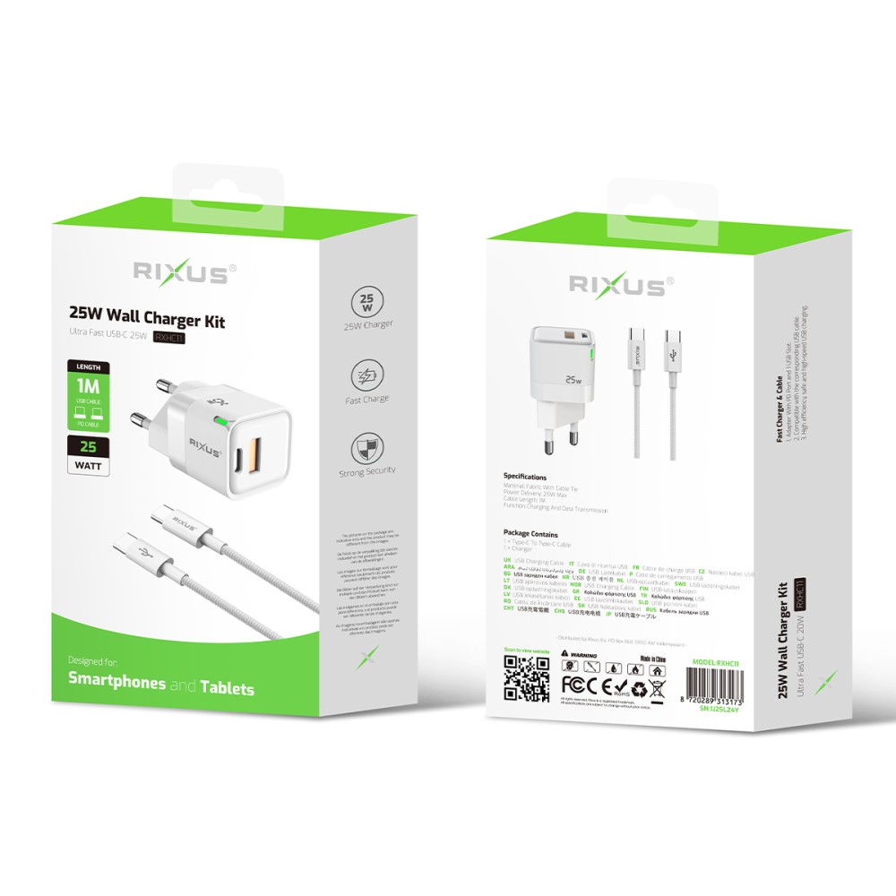 Rixus RXHC11 Wall Charger Kit With USB-C to USB-C Cable 100CM 25W