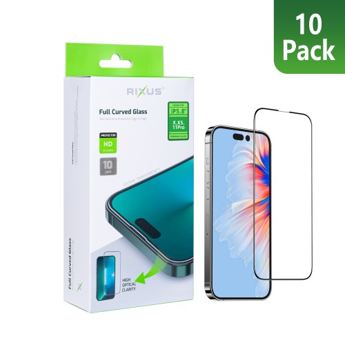 Rixus Tempered Glass Curved Edge For iPhone X, XS, 11 Pro (10-Pack)