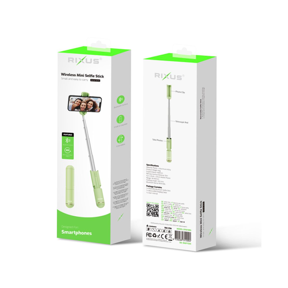 Rixus Mini Integrated Selfie Stick Bluetooth RXSF30G - Green