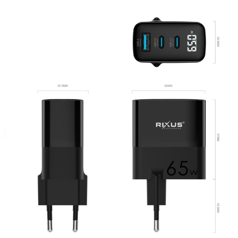 Rixus PD 65W GaN Tech Charger RX105 - Black