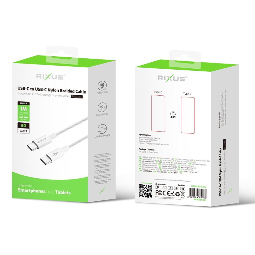 Rixus RXUC15C USB-C to USB-C Nylon Braided Cable 100CM White