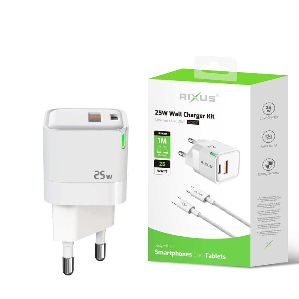 Rixus RXHC11 Wall Charger Kit With USB-C to USB-C Cable 100CM 25W