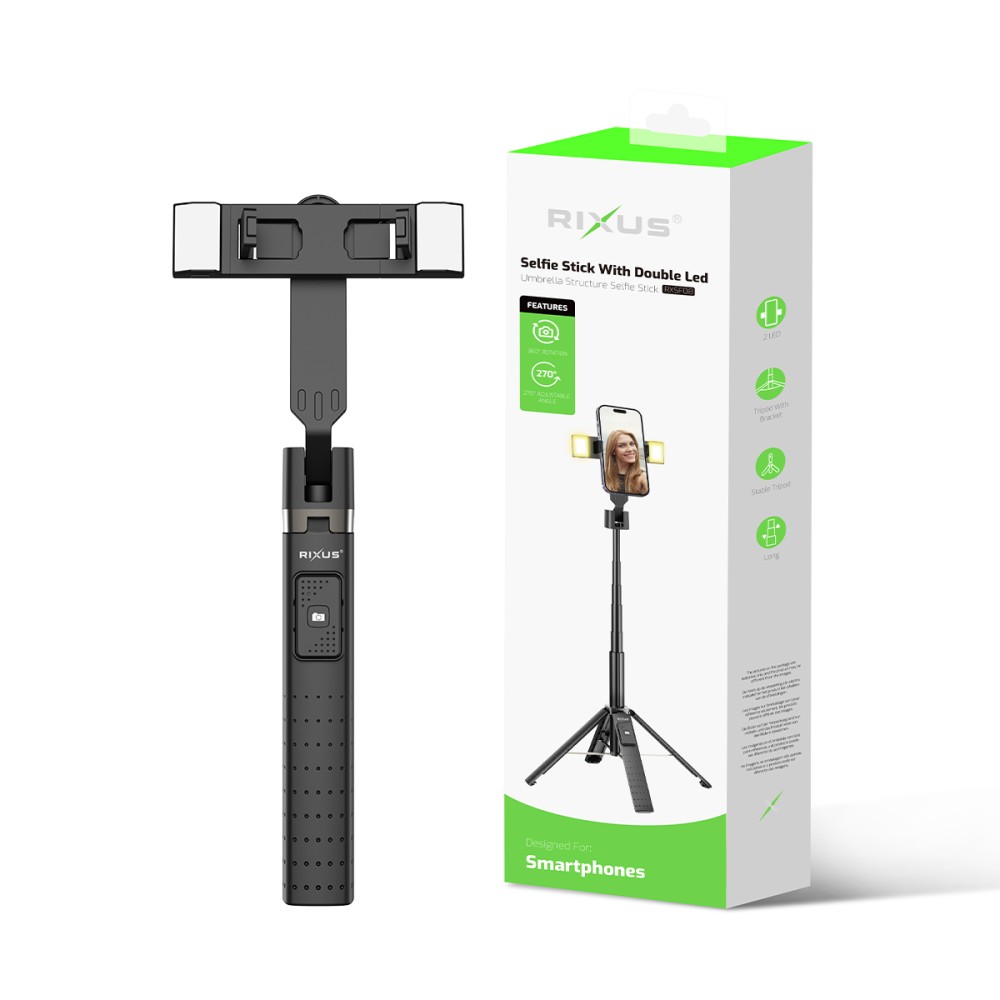 Rixus RXSF08 Aluminum High Quality Selfie Stick With Double Led Light Black