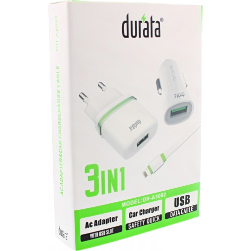 Durata 3in1 AC Adapter Car Charger USB Data Cable DRA3002