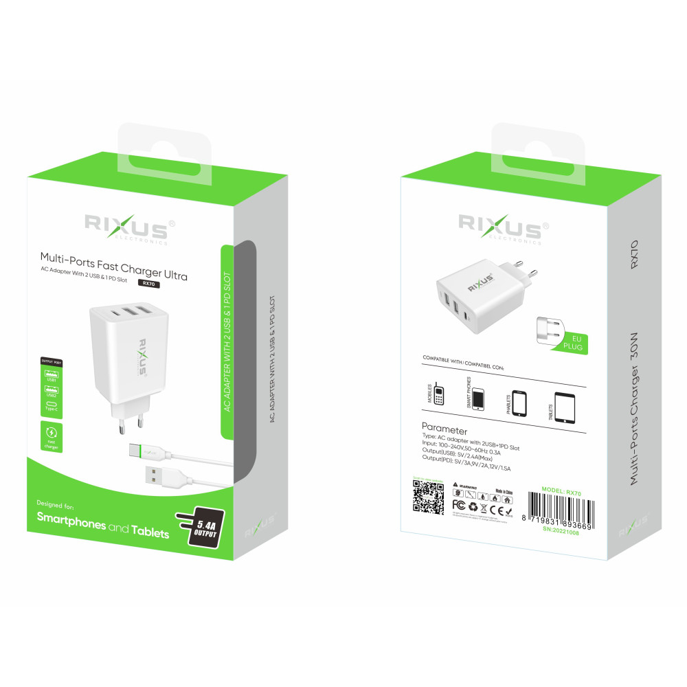 Rixus 5.4A AC Adapter With 2 USB Slot & PD Slot RX70