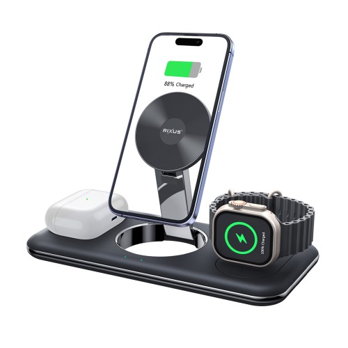 Rixus RXWC31 3 in 1 Wireless Charger Stand For Phone, Watch And Airpods Black