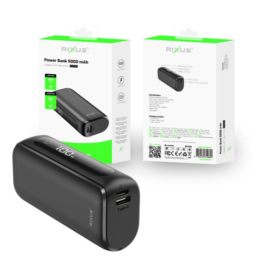 Rixus RXPB23 Compact Powerbank Digital Display 50.00 mAh Black