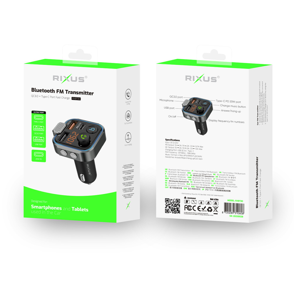 Rixus Car FM Bluetooth Transmitter RXBT30 - Black