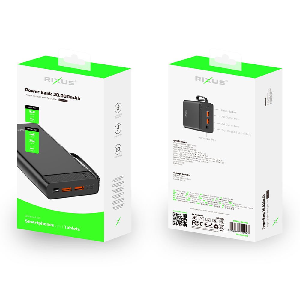 Rixus RXPB52 High Capicity Powerbank 20.000 mAh 22.5W Black