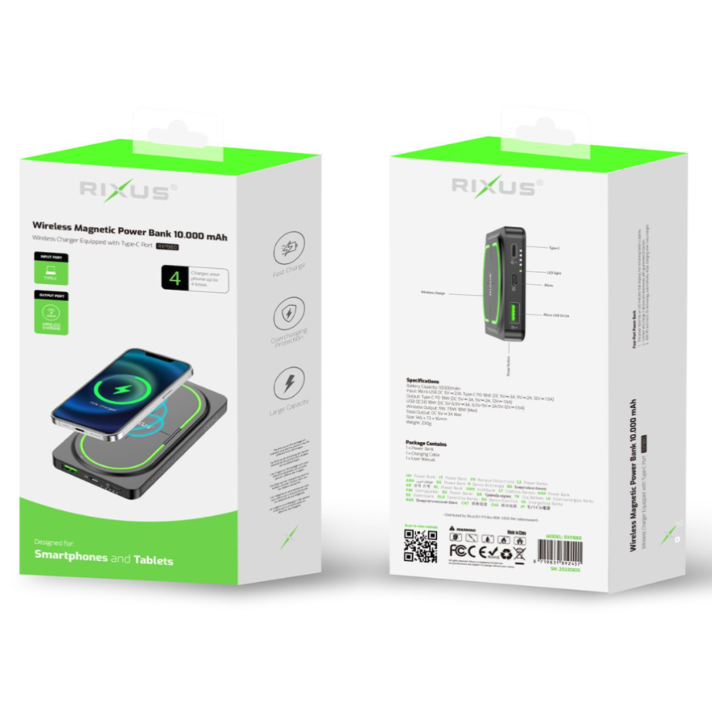 Rixus RXPB80 Wireless PD Powerbank 10.000 mAh Black