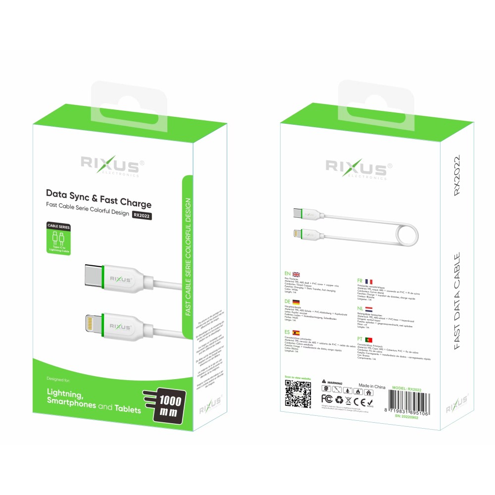 Rixus RX2022 Data Sync And Fast Charge Cable Type-C To Lightning 100CM