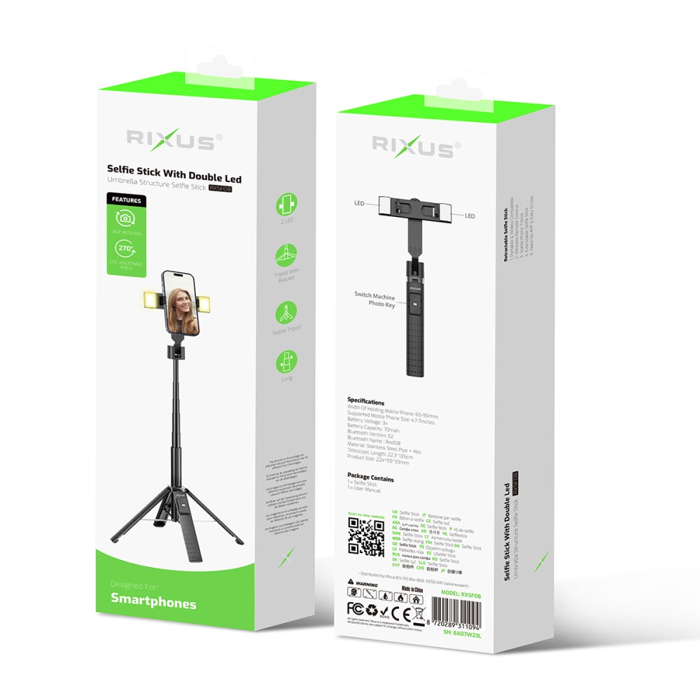 Rixus RXSF08 Aluminum High Quality Selfie Stick With Double Led Light Black