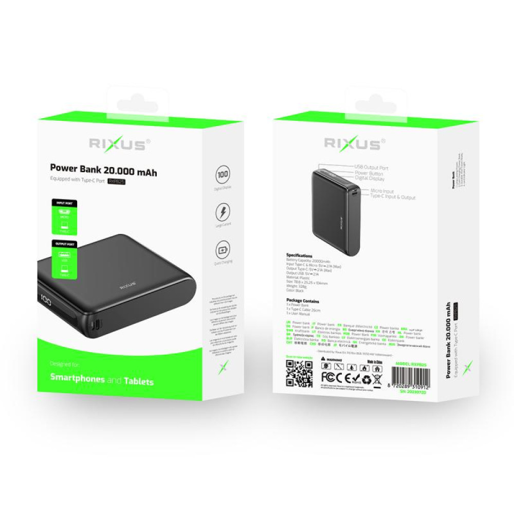 Rixus RXPB25 Compact Powerbank Digital Display 20.000 mAh Black