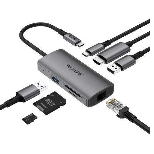 Rixus RXHU08 USB Type-C To Ethernet Adaptor With Docking Station Grey