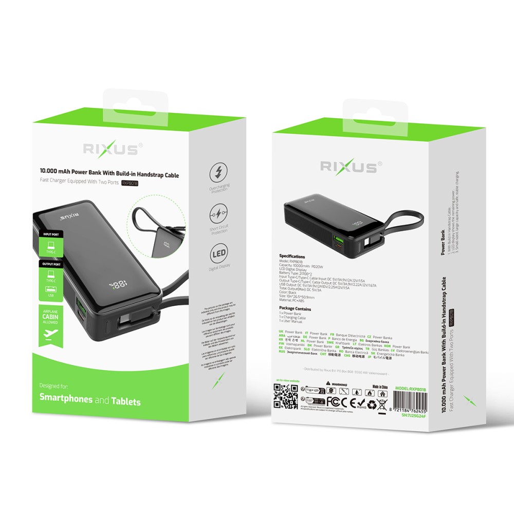 Rixus RXPB01B Power Bank 10.000mAh With Built-In Handstrap Cable Black