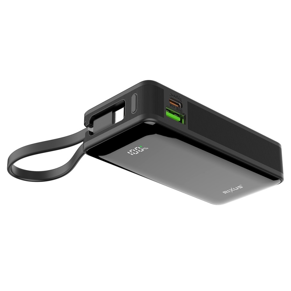 Rixus RXPB01B Power Bank 10.000mAh With Built-In Handstrap Cable Black