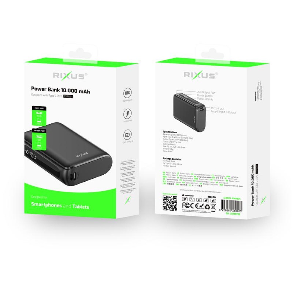 Rixus RXPB24 Compact Powerbank Digital Display 10.000 mAh Black