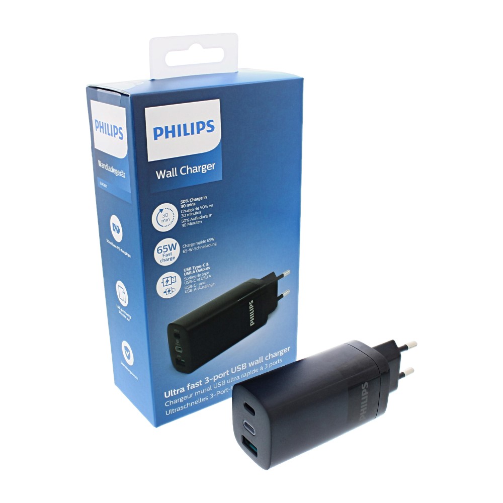 Philips Ultra Fast 3-Port Wall Charger 65W Black Original