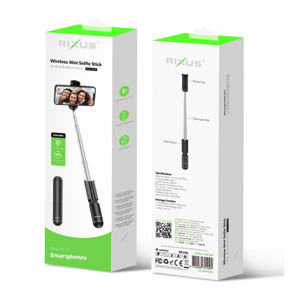 Rixus Mini Integrated Selfie Stick Bluetooth RXSF30B - Black