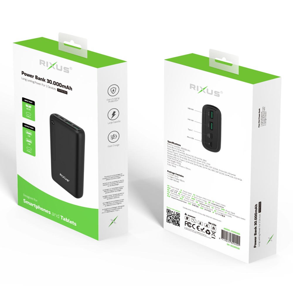 Rixus High Capacity Power Bank 30.000mAh Black RXPB38B