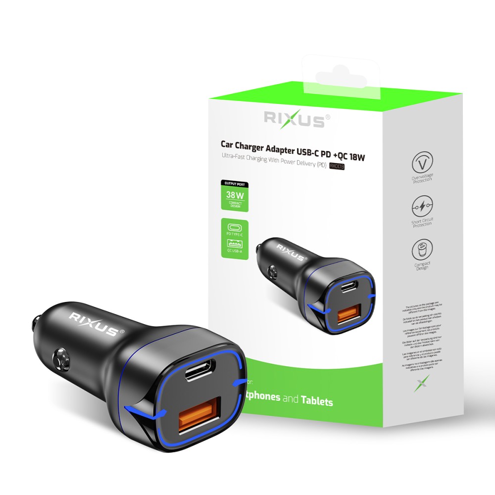 Rixus USB-C PD+QC3.0 Car Charger 18W RXCC13 - Black