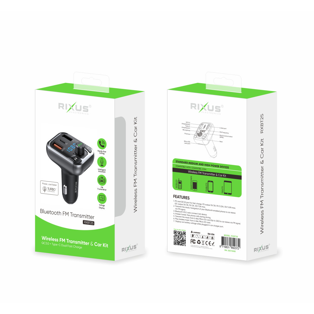 Rixus RXBT25 Bluetooth FM Transmitter QC30 And Type C Dual Fast Charge