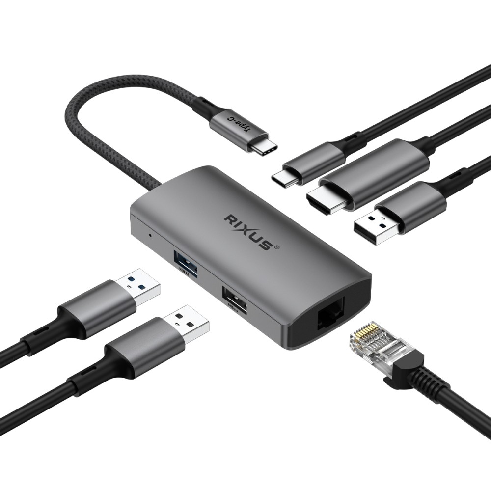 Rixus RXHU07 USB-C To Ethernet HDMI Adaptor With Docking Station Grey