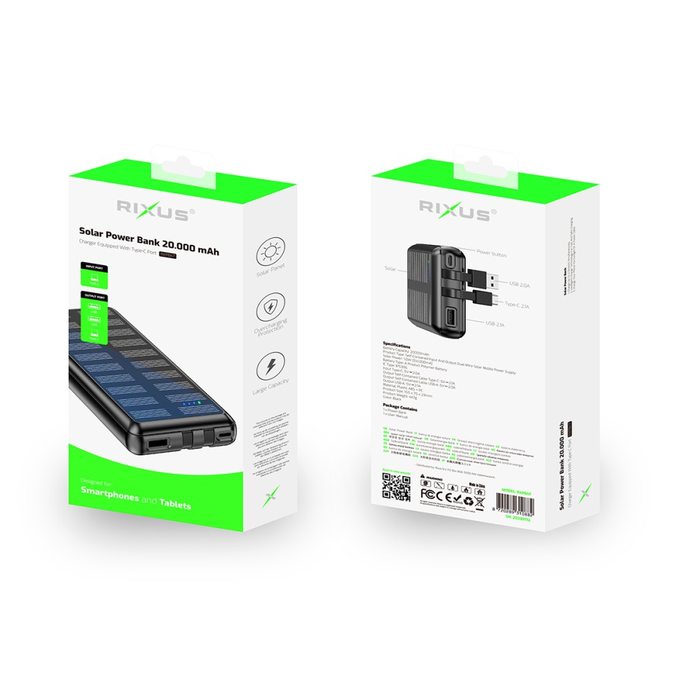 Rixus RXPB47 Solar Powerbank 20.000 mAh With Built-in Cables Black