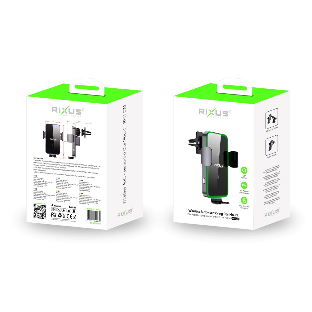 Rixus 15W Wireless Auto-Sensoring Car Mount Charger RXWC36