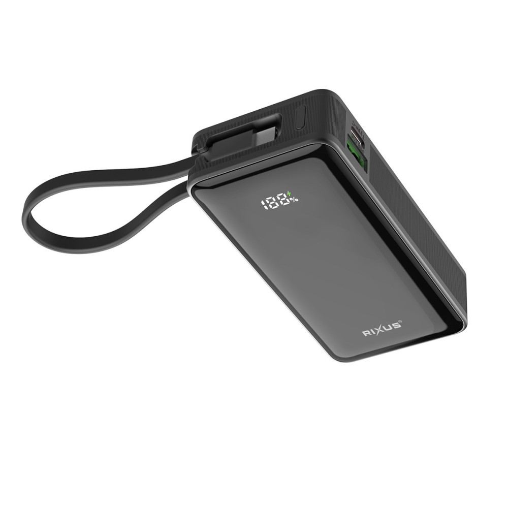 Rixus RXPB01B Power Bank 10.000mAh With Built-In Handstrap Cable Black